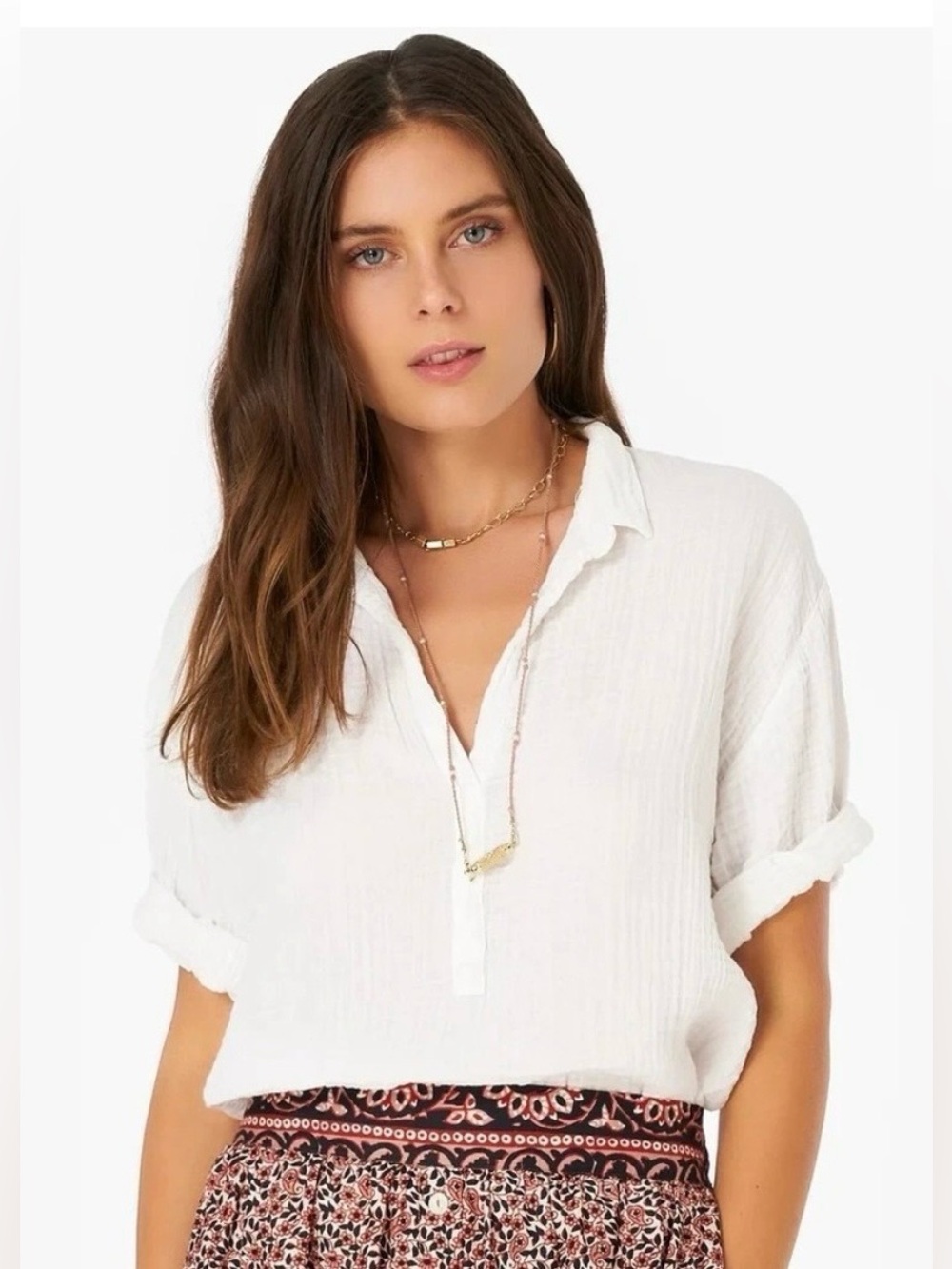 XiRENA Cruz Top White Short Sleeve Gauze Popover Quiet Luxury Medium